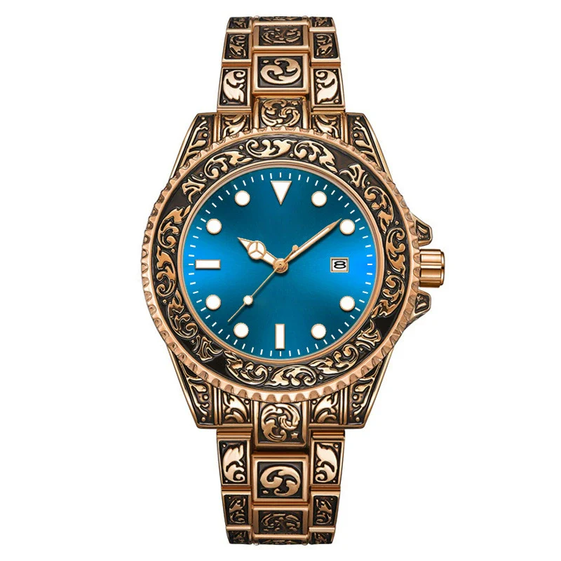 Men's Luminous Calendar Retro Carved Art Watch Metal Mineral Strengthened Glass Round Dial - Image 9