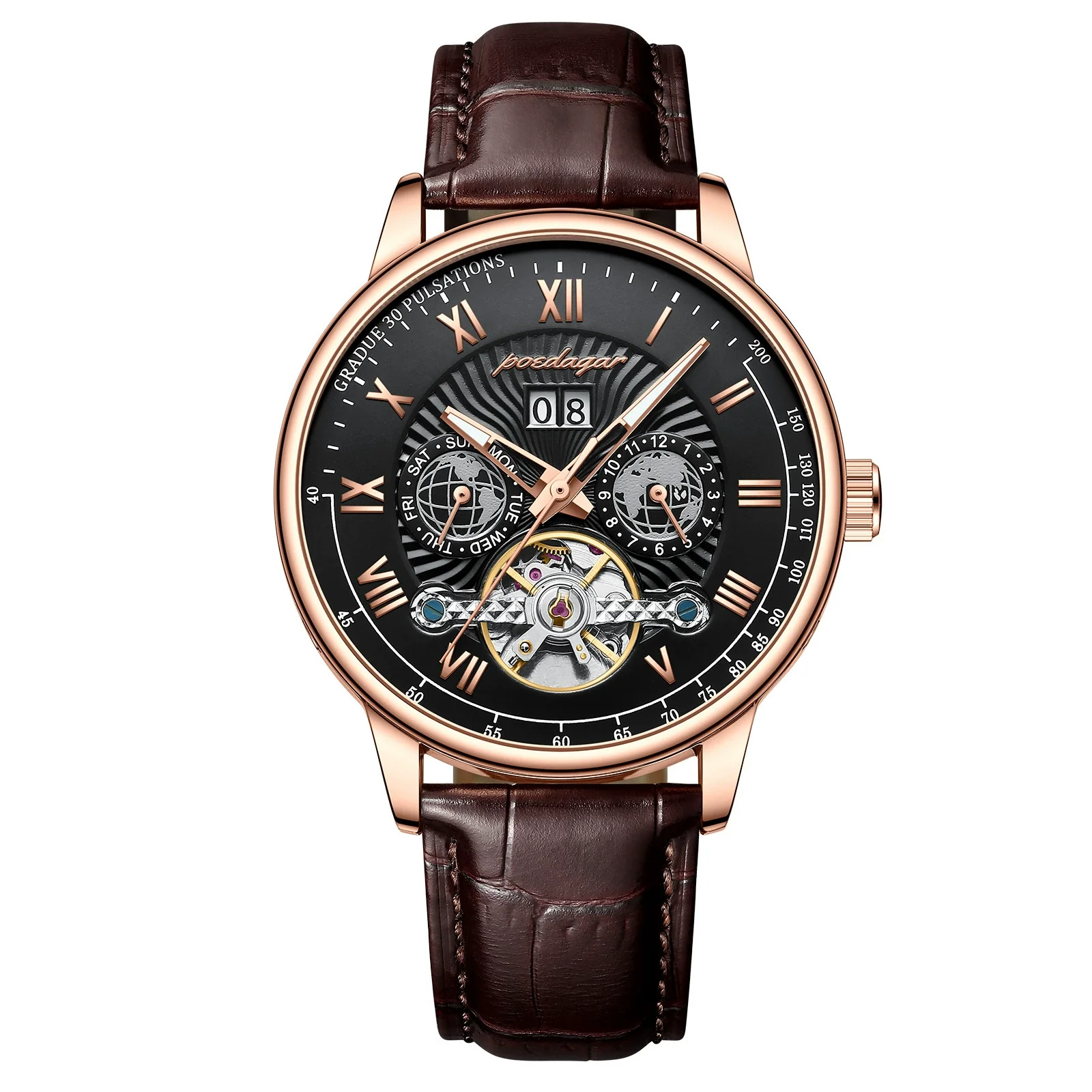 Men's Luxury Automatic Mechanical Watch With Alloy Case Genuine Leather Strap And Mineral Strengthened Glass Mirror - Image 4