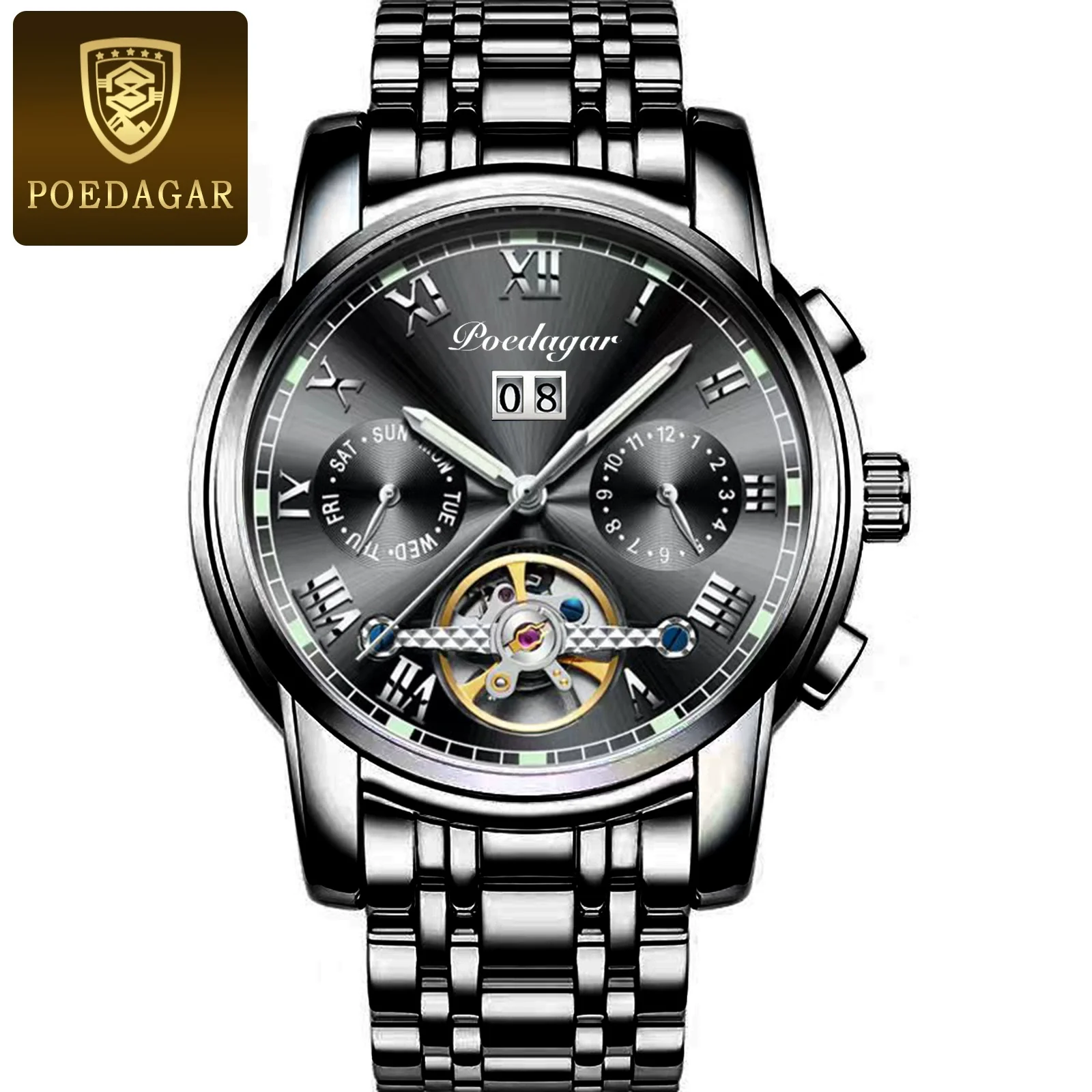Men's Mechanical Alloy And Stainless Steel Waterproof Luminous Multifunction Leisure Watch With Through Bottom And Spiral Crown - Image 10