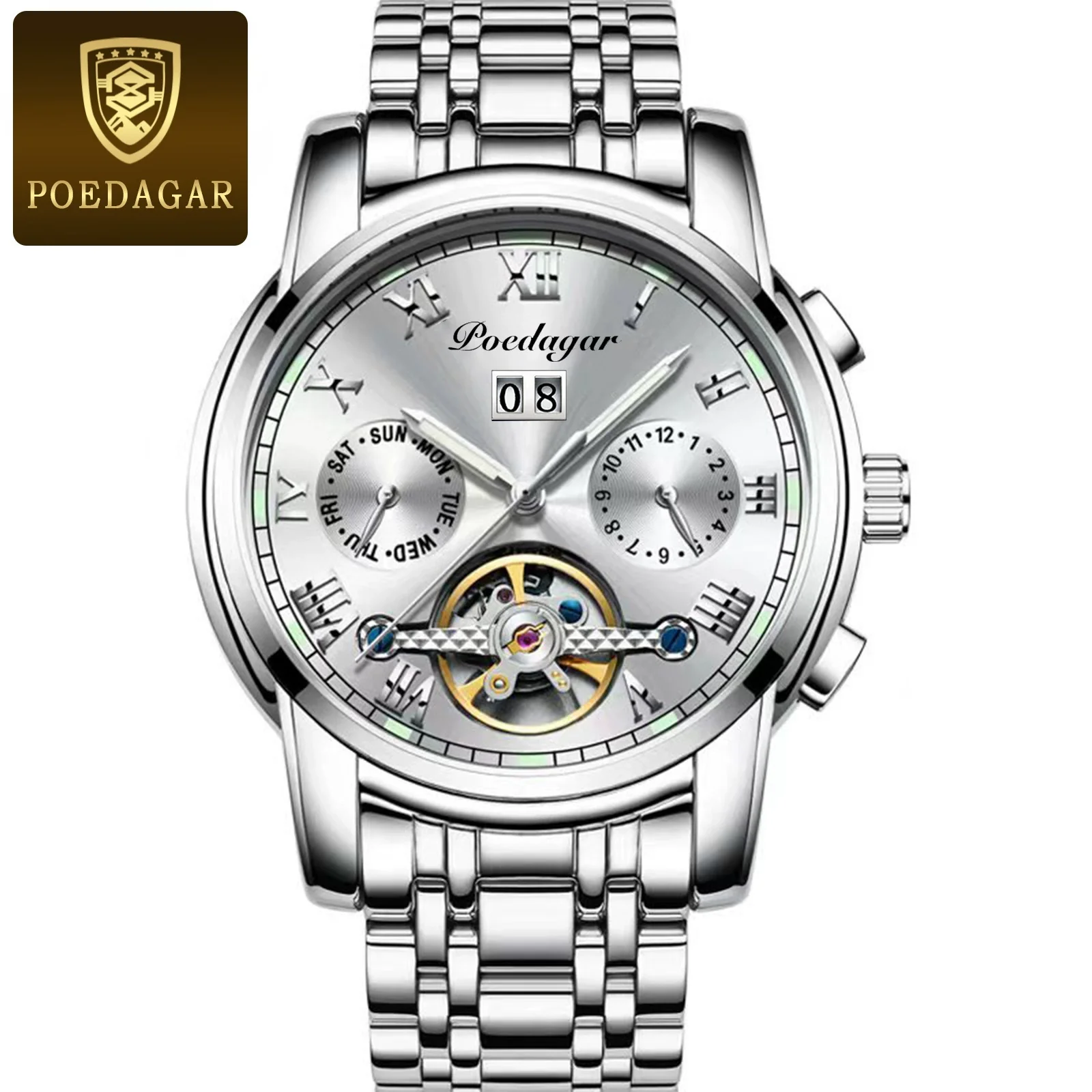 Men's Mechanical Alloy And Stainless Steel Waterproof Luminous Multifunction Leisure Watch With Through Bottom And Spiral Crown - Image 4