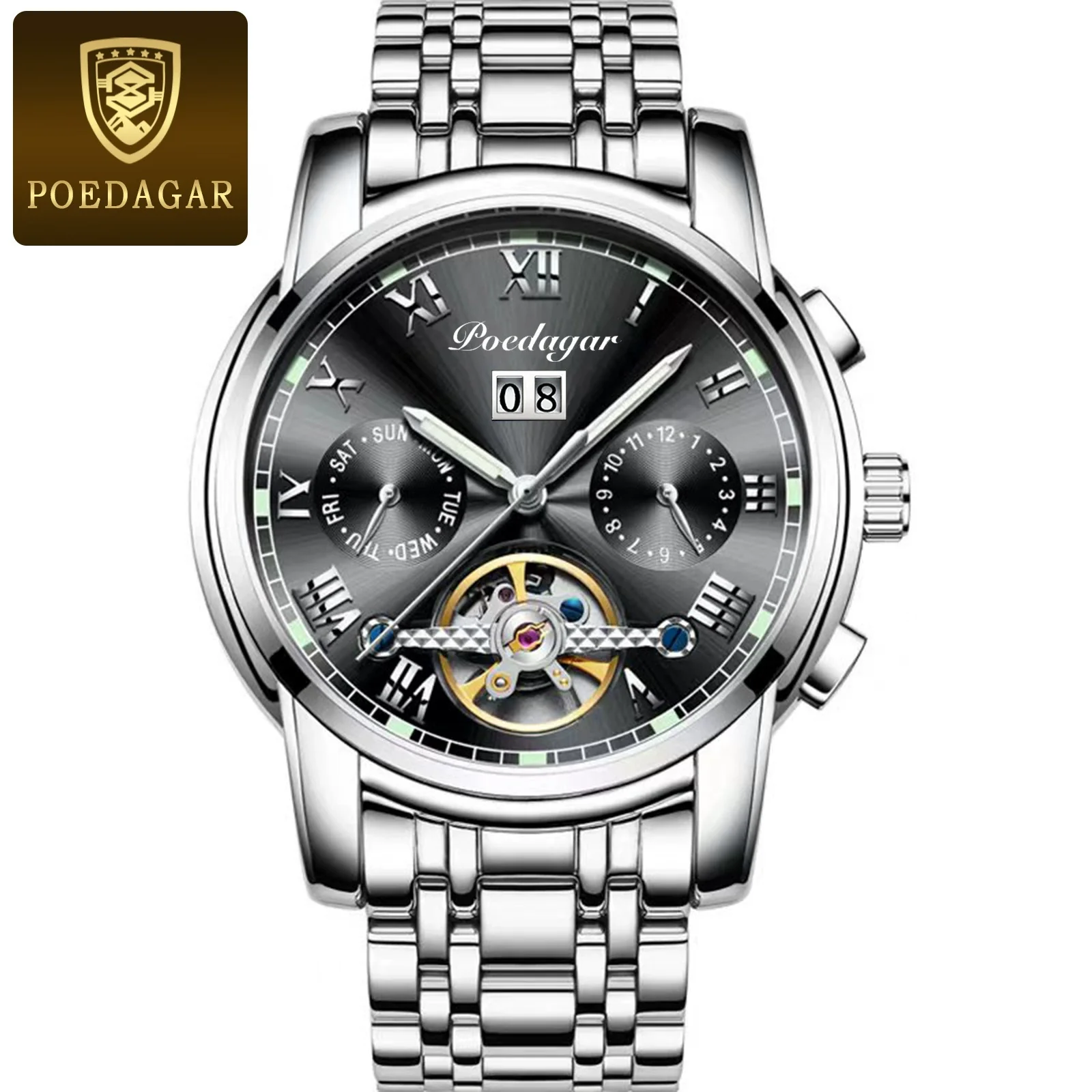 Men's Mechanical Alloy And Stainless Steel Waterproof Luminous Multifunction Leisure Watch With Through Bottom And Spiral Crown - Image 5