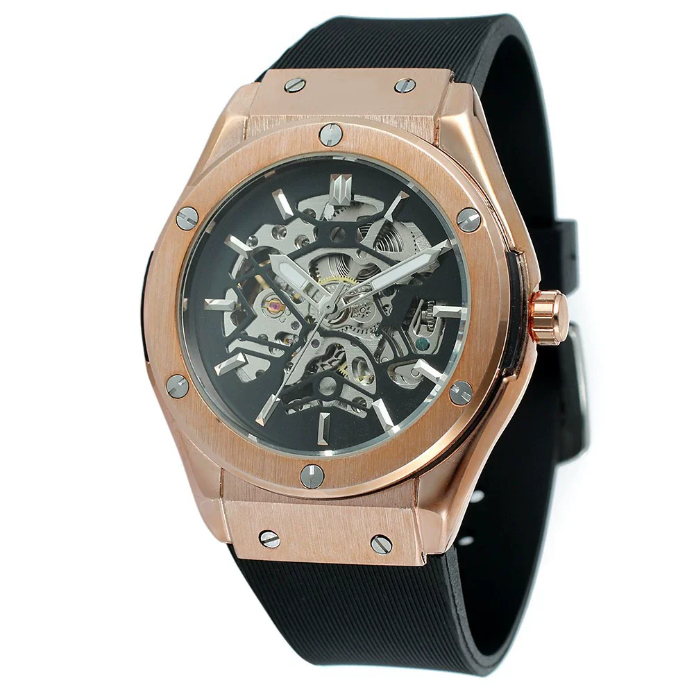 Men's Mechanical Watch Alloy Case Rubber Strap Stainless Steel Pin Buckle Round Dial Transparent Bottom Fashionable Casual - Image 2