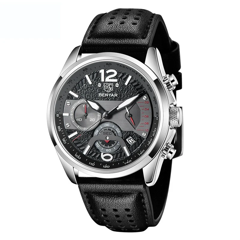 Men's Metal And Genuine Leather Fashion Sports Multifunction Chronograph Calendar Quartz Watch With Round Dial - Image 5