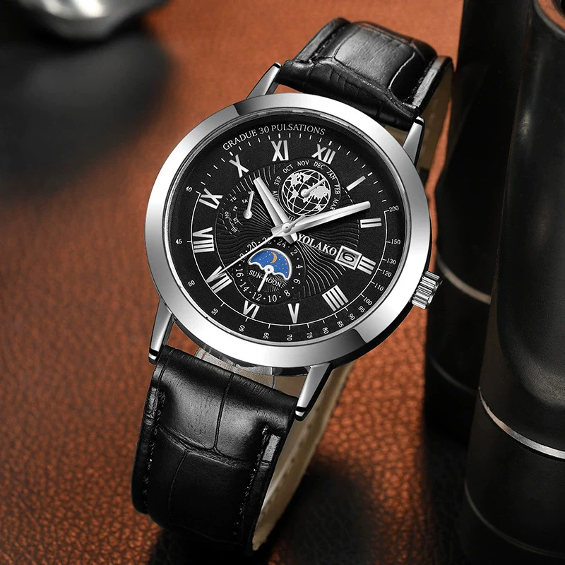 Men's Metal And Pu Quartz Watch With Round Dial Business Style - Image 3