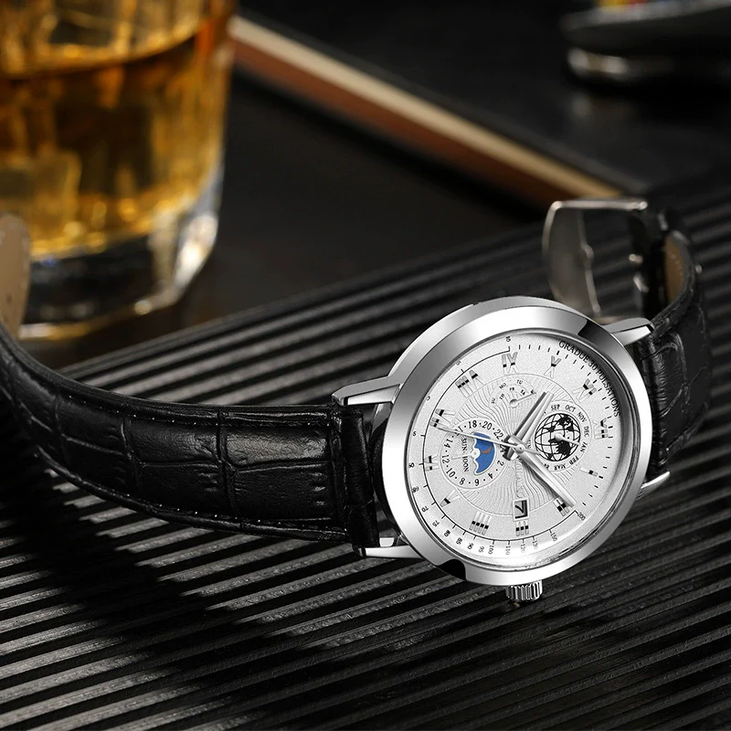 Men's Metal And Pu Quartz Watch With Round Dial Business Style - Image 4