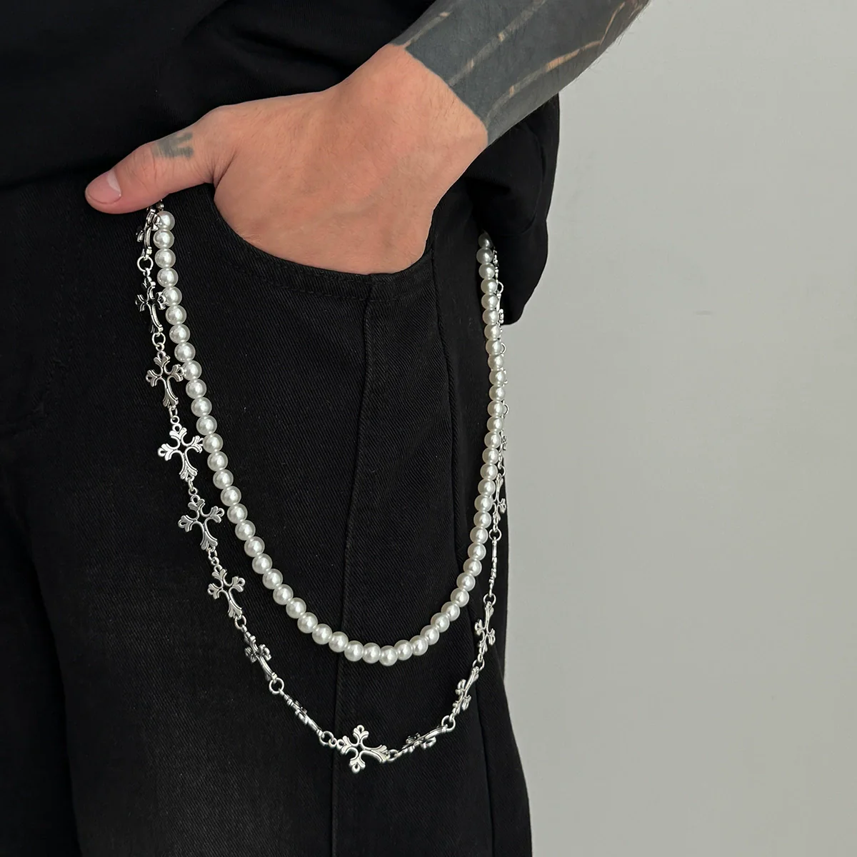 Men's Metal Handmade Hiphop Niche Waist Chain With Cross Crown Roman Numerals Pattern - Image 3
