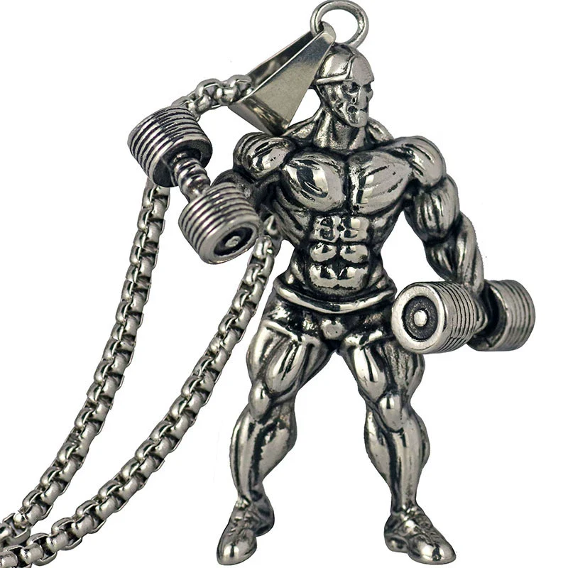 Men's Metal Jewelry Fitness Pendant With Cartoon Characters And Electroplating Treatment On Pearl Chain