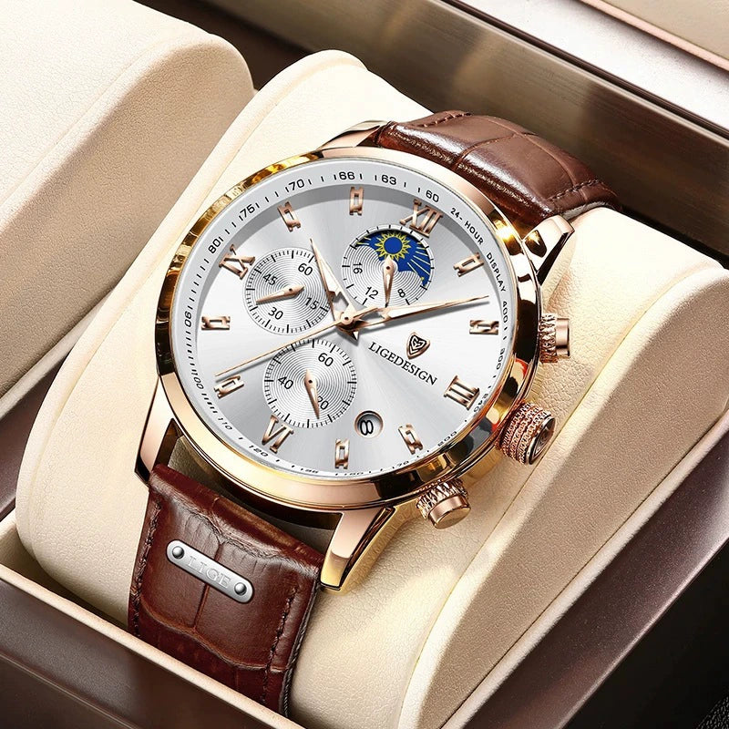 Men's Multifunctional Chronograph Quartz Watch Alloy Case Genuine Leather Strap Round Dial Leisure Style