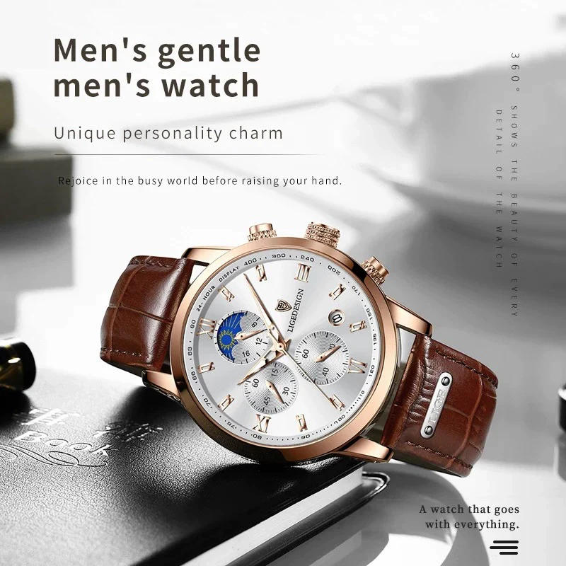 Men's Multifunctional Chronograph Quartz Watch Alloy Case Genuine Leather Strap Round Dial Leisure Style - Image 2