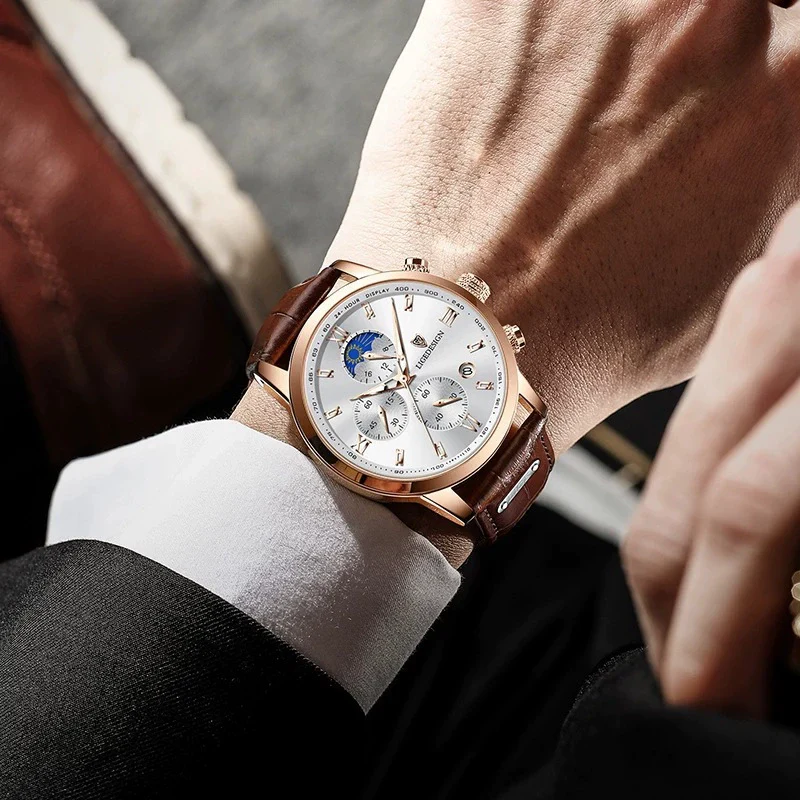 Men's Multifunctional Chronograph Quartz Watch Alloy Case Genuine Leather Strap Round Dial Leisure Style - Image 4