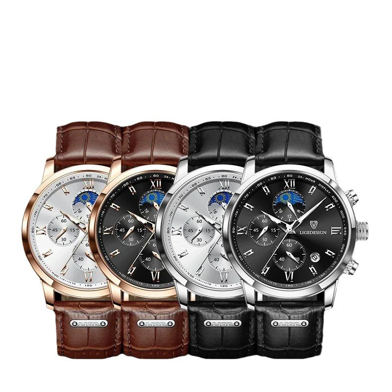 Men's Multifunctional Chronograph Quartz Watch Alloy Case Genuine Leather Strap Round Dial Leisure Style - Image 5