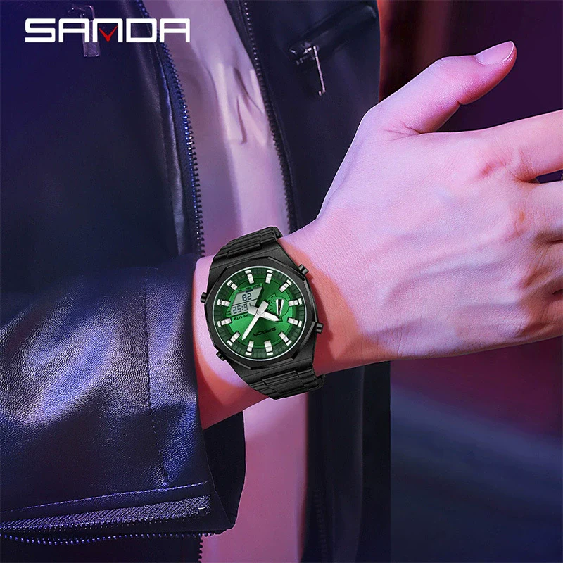 Men's Multifunctional Electronic Wristwatch Octagonal Alloy Waterproof Dual Display With Mineral Tempered Glass Mirror And Steel Strip Strap
