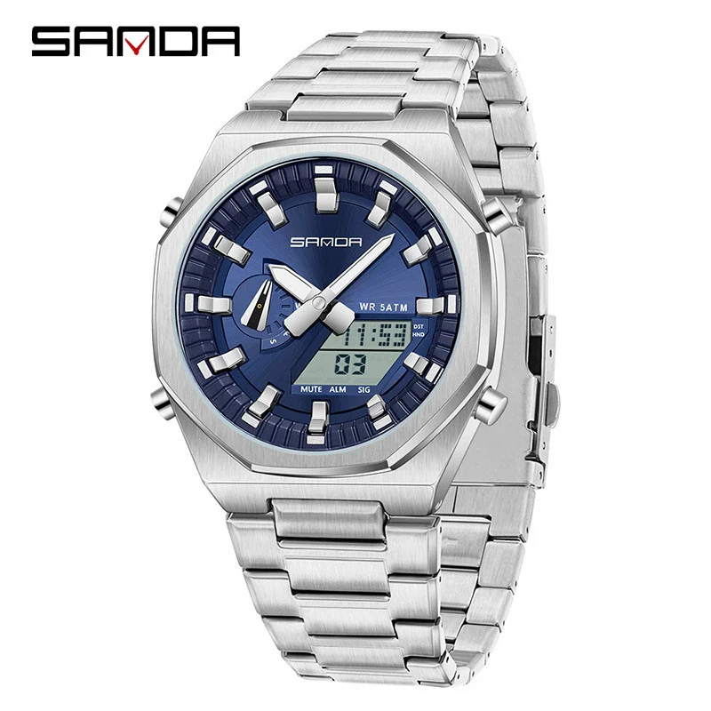Men's Multifunctional Electronic Wristwatch Octagonal Alloy Waterproof Dual Display With Mineral Tempered Glass Mirror And Steel Strip Strap - Image 10
