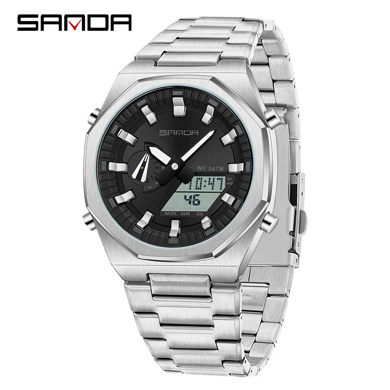 Men's Multifunctional Electronic Wristwatch Octagonal Alloy Waterproof Dual Display With Mineral Tempered Glass Mirror And Steel Strip Strap - Image 5