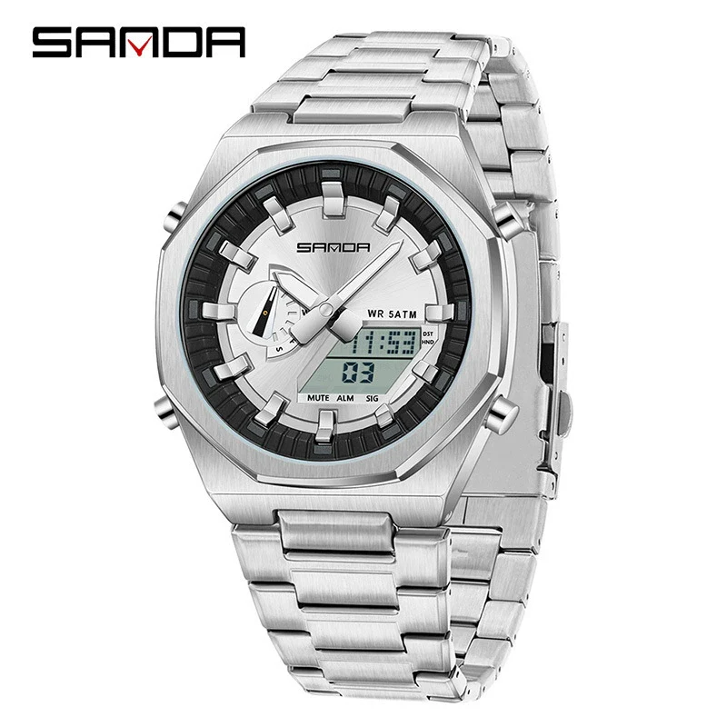 Men's Multifunctional Electronic Wristwatch Octagonal Alloy Waterproof Dual Display With Mineral Tempered Glass Mirror And Steel Strip Strap - Image 6