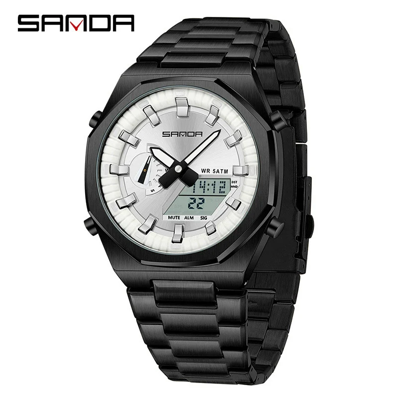 Men's Multifunctional Electronic Wristwatch Octagonal Alloy Waterproof Dual Display With Mineral Tempered Glass Mirror And Steel Strip Strap - Image 8