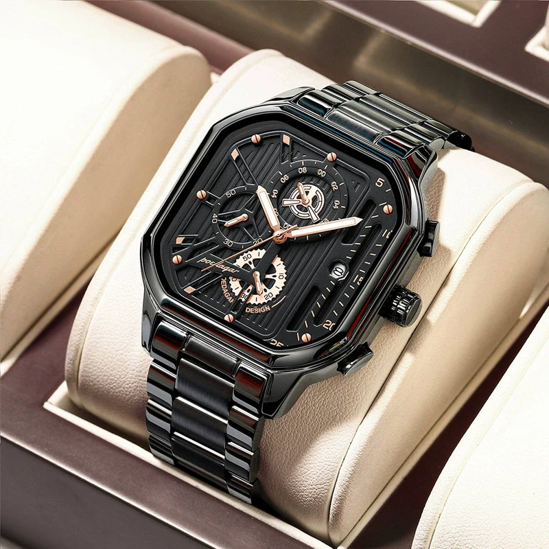 Men's Multifunctional Luminous Waterproof Sport Watch With Alloy Case Stainless Steel Strap And Square Dial