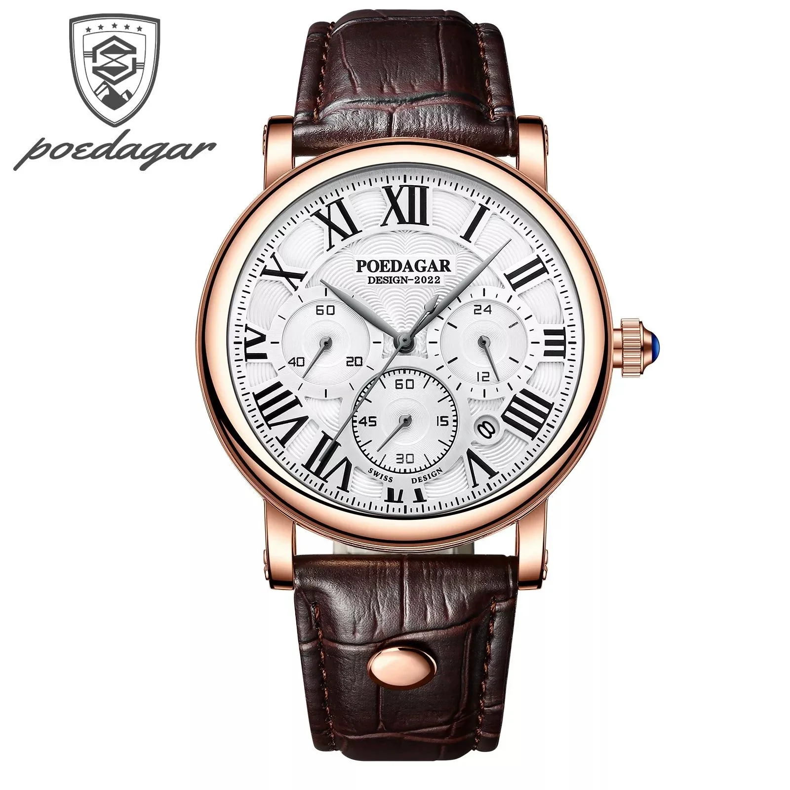 Men's Multifunctional Quartz Watch Alloy Case Sapphire Crystal Glass Mirror Genuine Leather Strap Round Dial Leisure Style