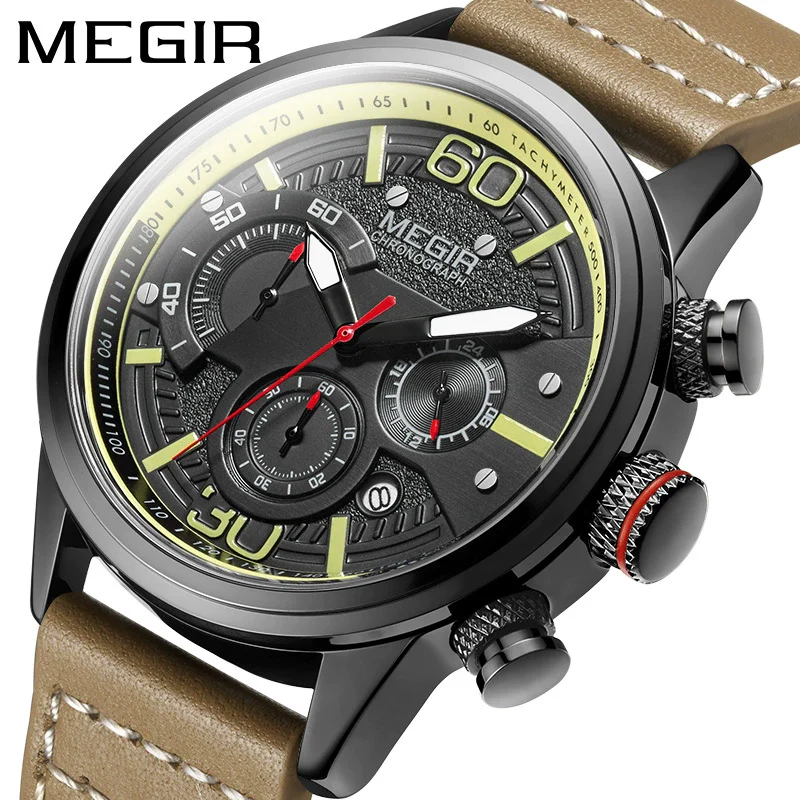 Men's Multifunctional Sports Waterproof Quartz Watch Alloy Case Genuine Leather Strap Round Dial