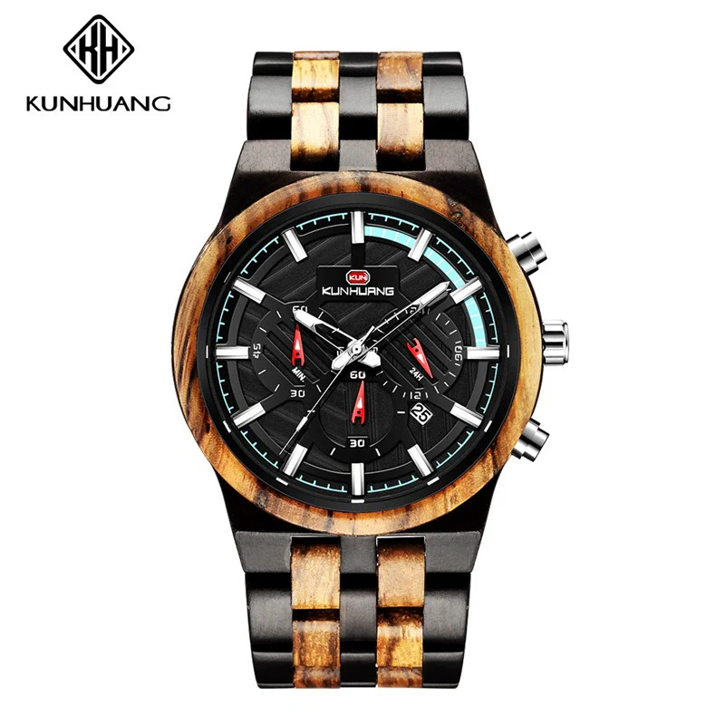 Men's Multifunctional Sports Wooden Watch Round Dial Leisure Style Plexiglass Mirror Stainless Steel Clasp Wood Strap
