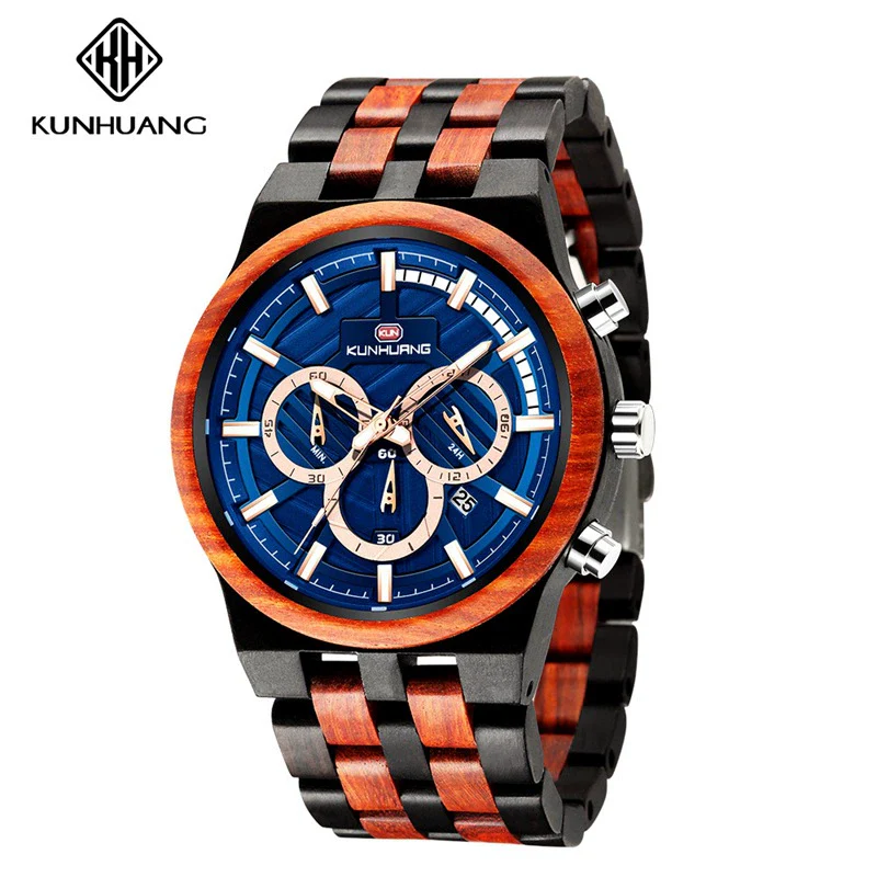 Men's Multifunctional Sports Wooden Watch Round Dial Leisure Style Plexiglass Mirror Stainless Steel Clasp Wood Strap - Image 2