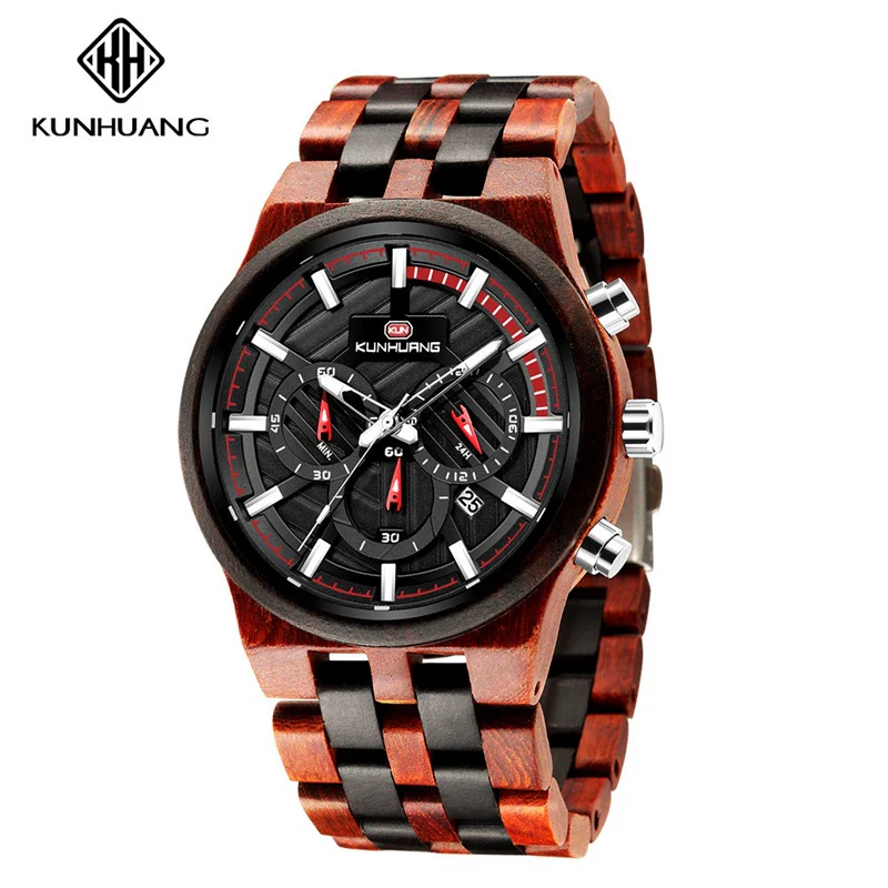 Men's Multifunctional Sports Wooden Watch Round Dial Leisure Style Plexiglass Mirror Stainless Steel Clasp Wood Strap - Image 3