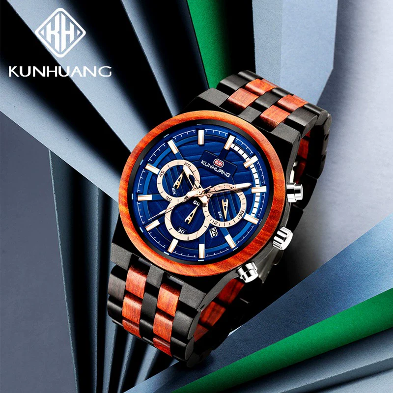 Men's Multifunctional Sports Wooden Watch Round Dial Leisure Style Plexiglass Mirror Stainless Steel Clasp Wood Strap - Image 4