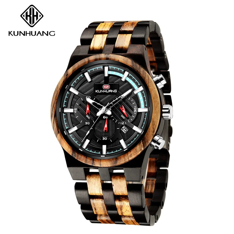 Men's Multifunctional Sports Wooden Watch Round Dial Leisure Style Plexiglass Mirror Stainless Steel Clasp Wood Strap - Image 5