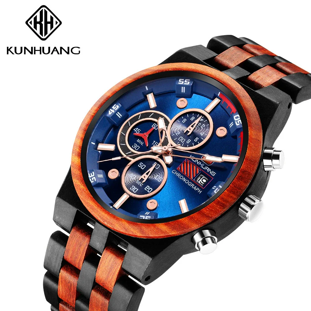 Men's Multifunctional Sports Wooden Watch Round Dial Leisure Style Plexiglass Mirror Stainless Steel Clasp Wood Strap - Image 8
