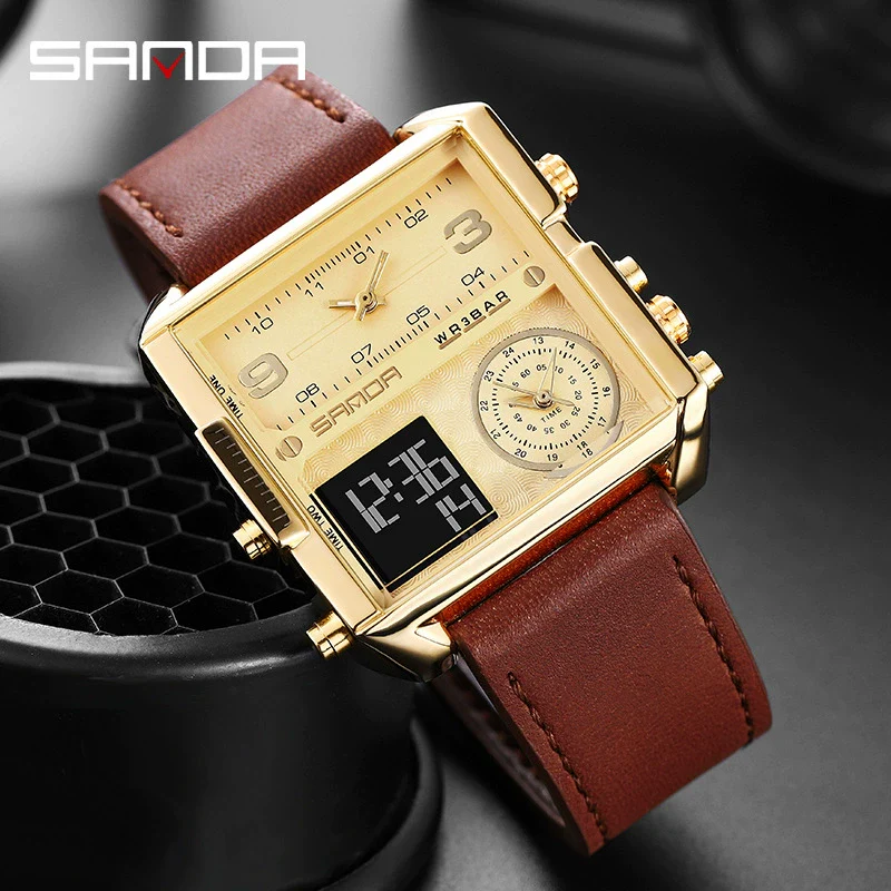 Men's Multifunctional Waterproof Electronic Watch With Zinc Alloy Case Genuine Leather Strap Square Dial And High Hardness Mineral Tempered Mirror