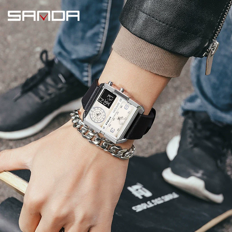 Men's Multifunctional Waterproof Electronic Watch With Zinc Alloy Case Genuine Leather Strap Square Dial And High Hardness Mineral Tempered Mirror - Image 2