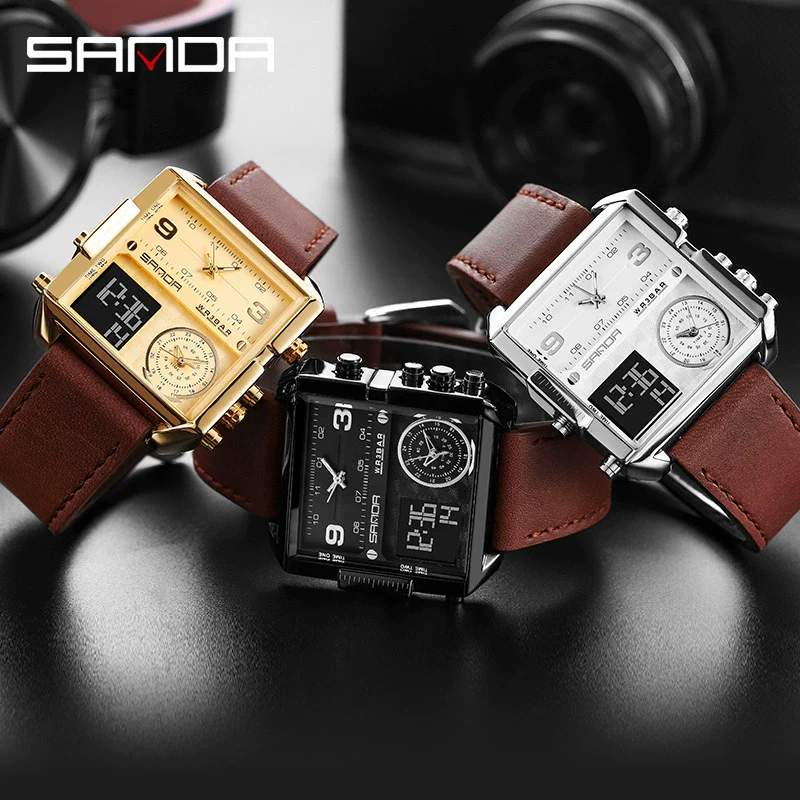 Men's Multifunctional Waterproof Electronic Watch With Zinc Alloy Case Genuine Leather Strap Square Dial And High Hardness Mineral Tempered Mirror - Image 3