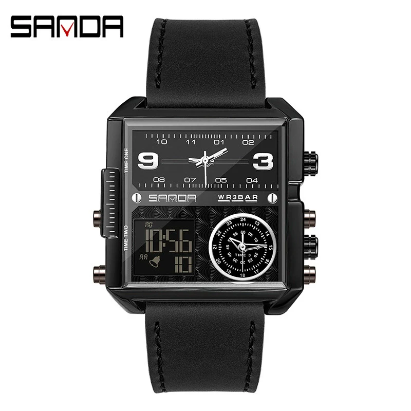 Men's Multifunctional Waterproof Electronic Watch With Zinc Alloy Case Genuine Leather Strap Square Dial And High Hardness Mineral Tempered Mirror - Image 4