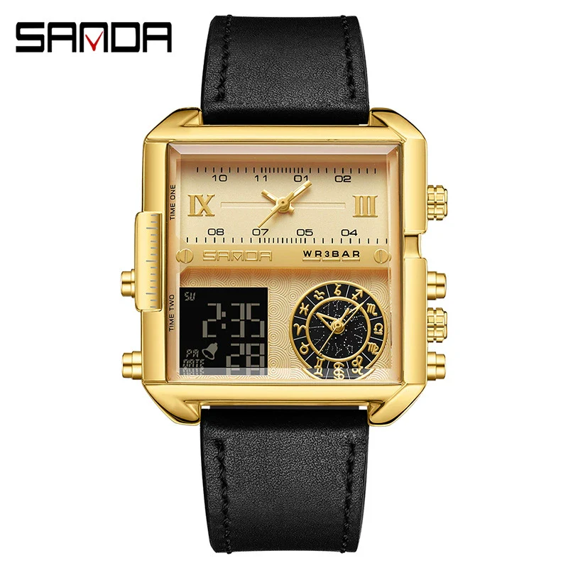 Men's Multifunctional Waterproof Electronic Watch With Zinc Alloy Case Genuine Leather Strap Square Dial And High Hardness Mineral Tempered Mirror - Image 8