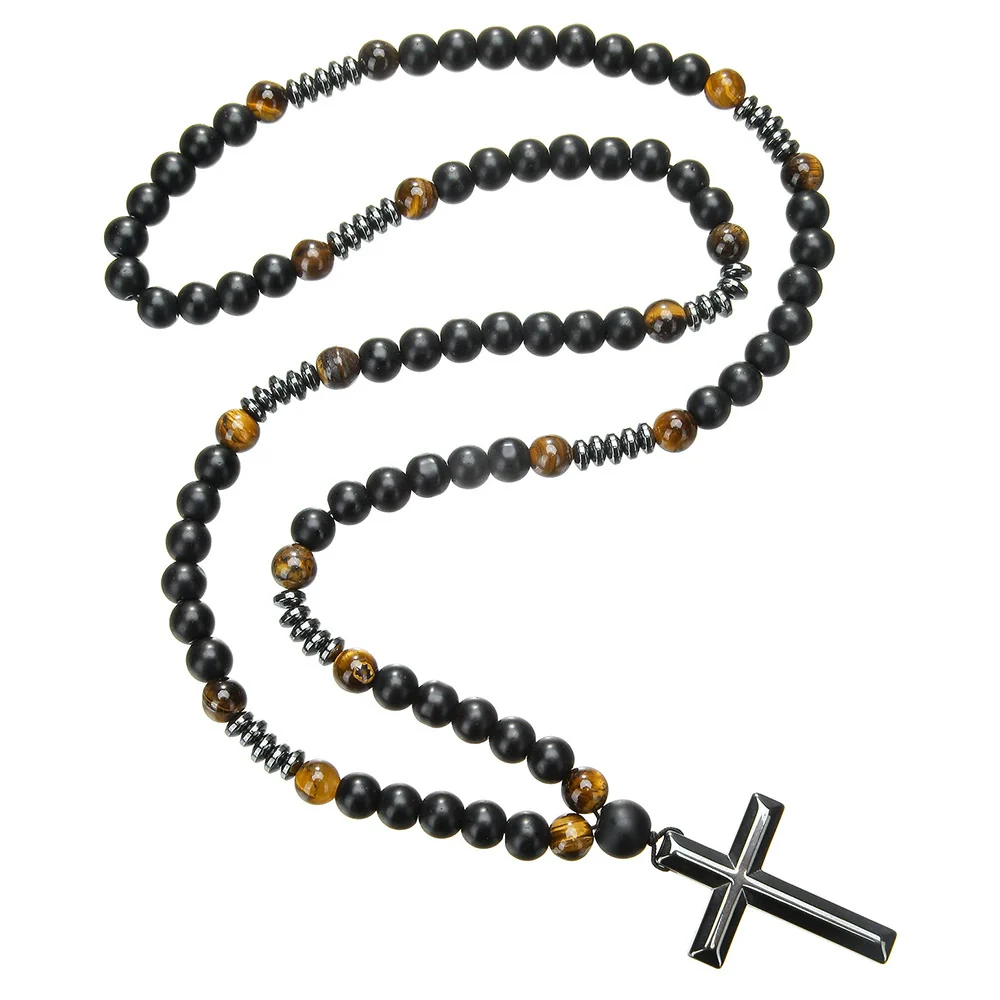 Men's Necklace Religious Cross Pendant Alloy Tiger Eye Stone Handmade Cotton Thread Jewelry - Image 10