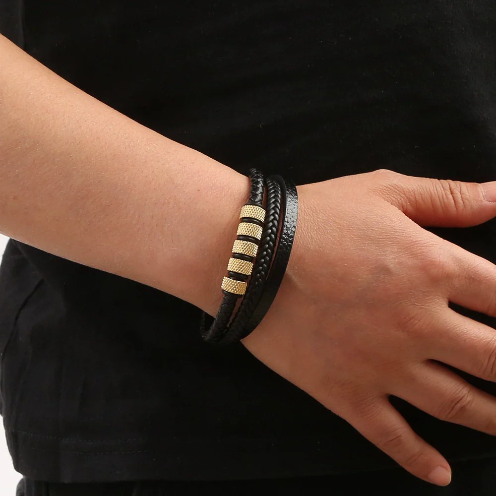 Men's Original Design Stainless Steel Handwoven Bracelet With Leather Magnetic Buckle - Image 2