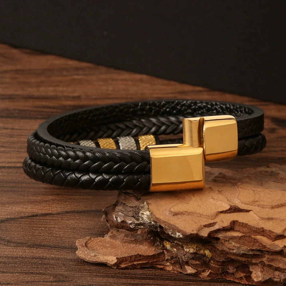 Men's Original Design Stainless Steel Handwoven Bracelet With Leather Magnetic Buckle - Image 3