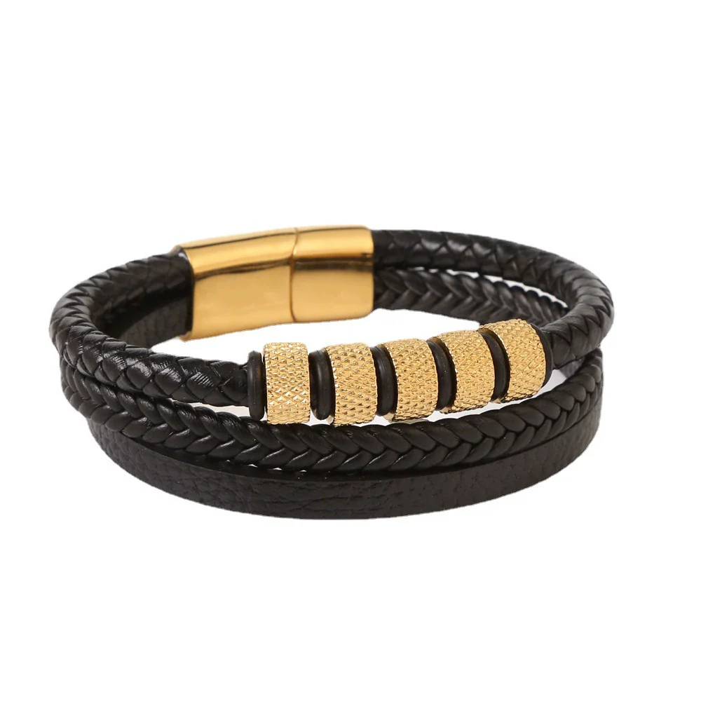 Men's Original Design Stainless Steel Handwoven Bracelet With Leather Magnetic Buckle - Image 4