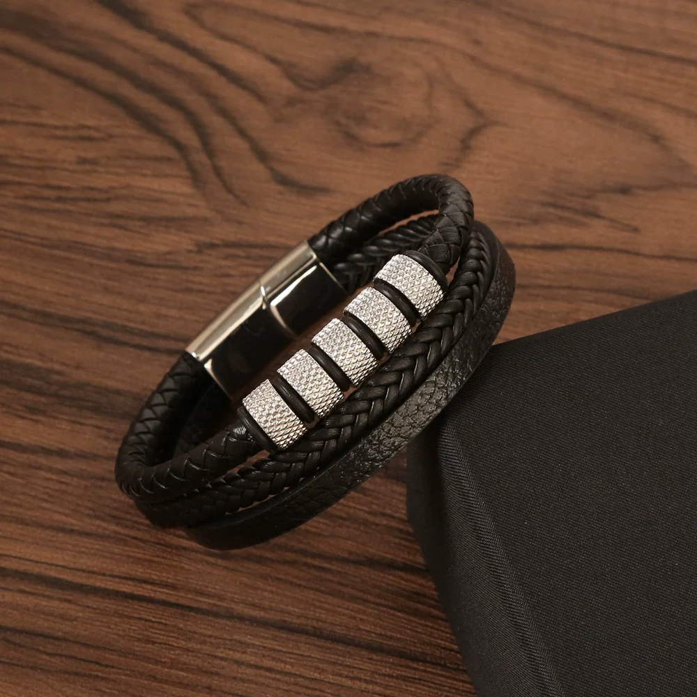 Men's Original Design Stainless Steel Handwoven Bracelet With Leather Magnetic Buckle - Image 5