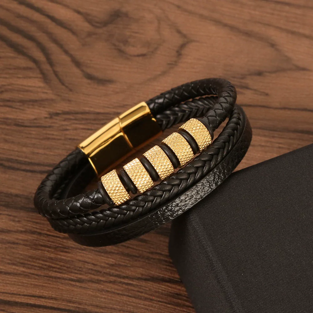 Men's Original Design Stainless Steel Handwoven Bracelet With Leather Magnetic Buckle - Image 6
