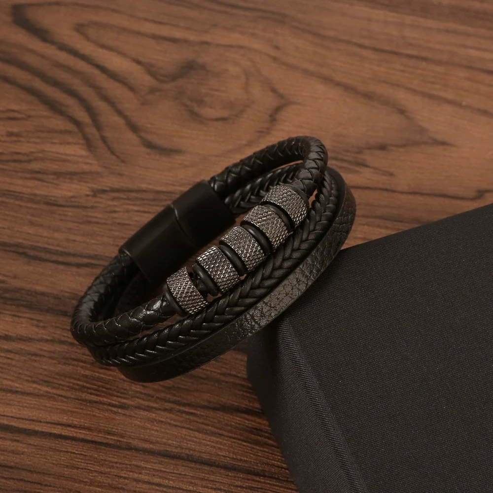 Men's Original Design Stainless Steel Handwoven Bracelet With Leather Magnetic Buckle - Image 7