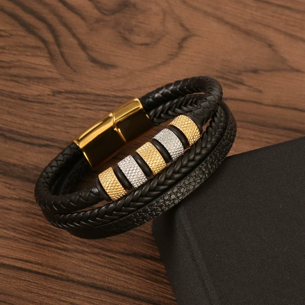 Men's Original Design Stainless Steel Handwoven Bracelet With Leather Magnetic Buckle - Image 9