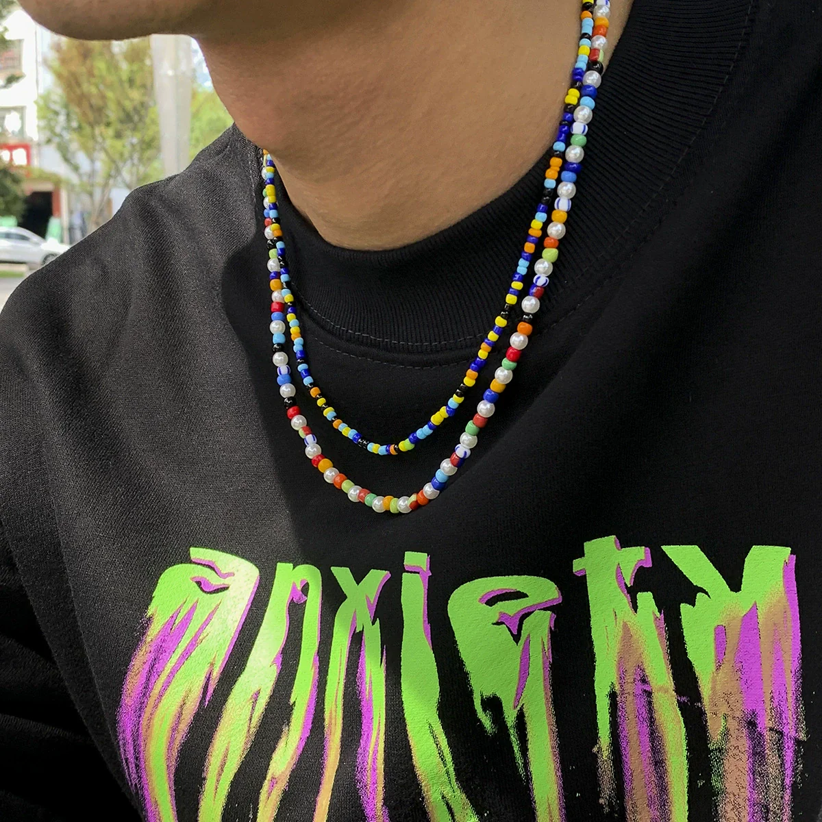 Men's Plastic Resin Geometric Beaded Necklace Set - Image 2
