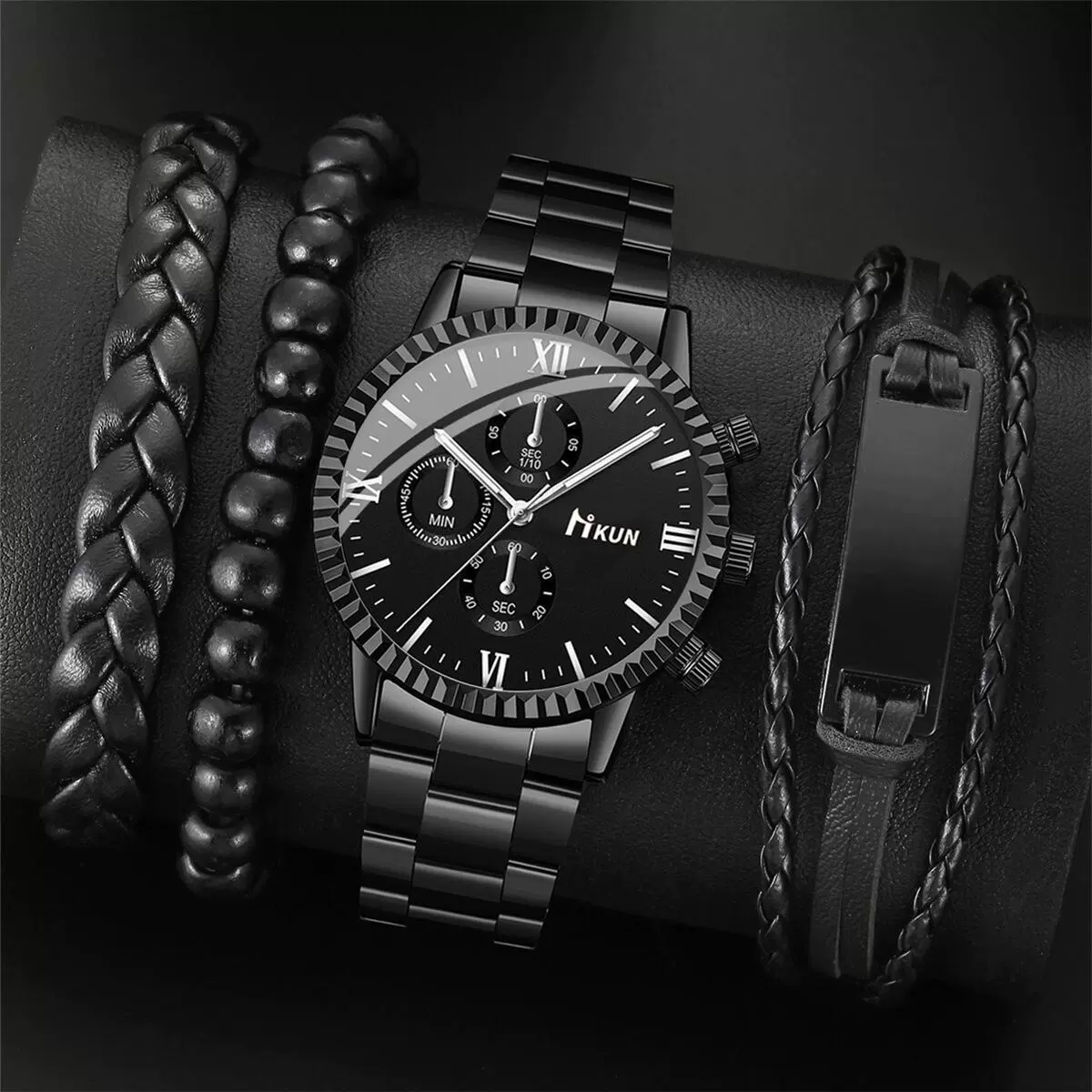Men's Quartz Watch Alloy Case Stainless Steel Strap Round Dial Sporty Fashion Casual Bracelet Set - Image 8