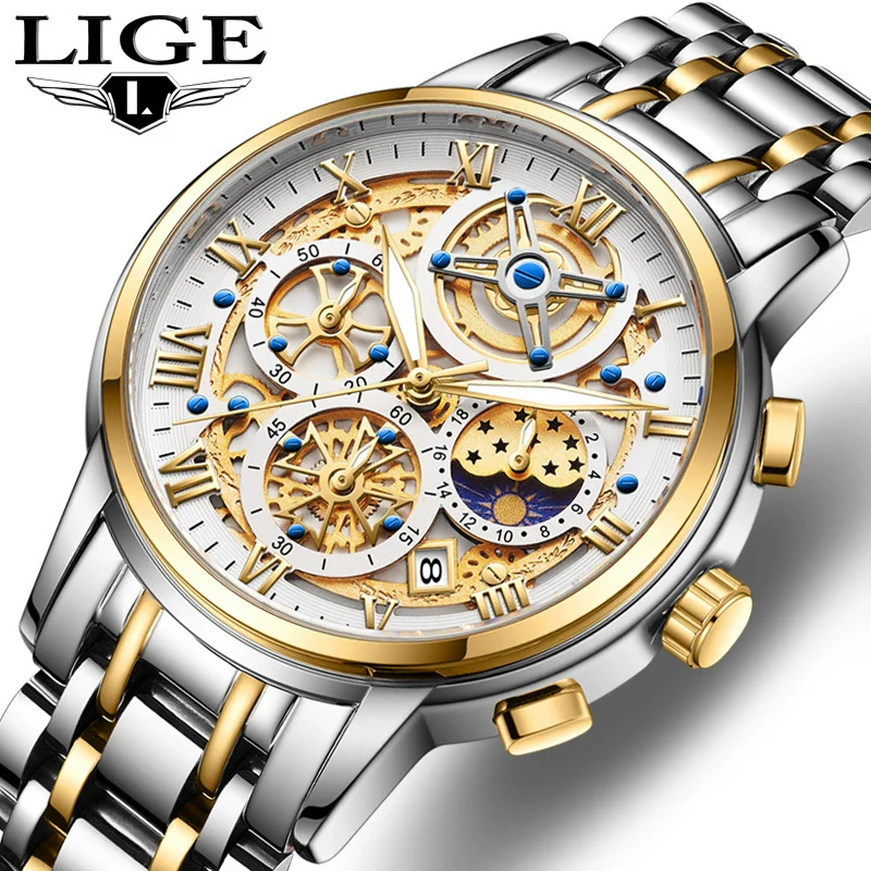 Men's Quartz Watch Multifunctional Chronograph Waterproof Hollow Concept Zinc Alloy Case Stainless Steel Strap Round Dial