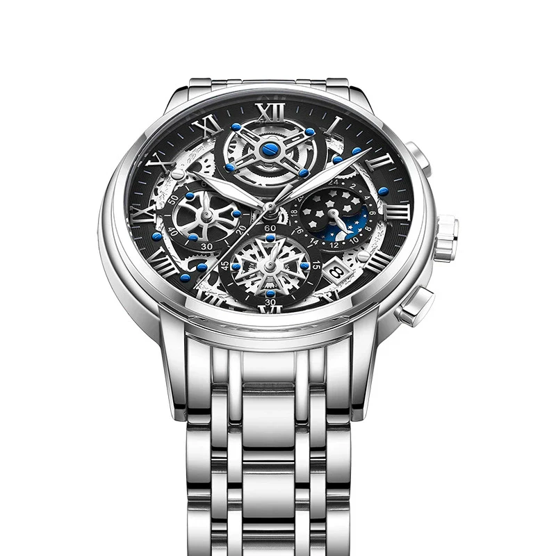 Men's Quartz Watch Multifunctional Chronograph Waterproof Hollow Concept Zinc Alloy Case Stainless Steel Strap Round Dial - Image 11
