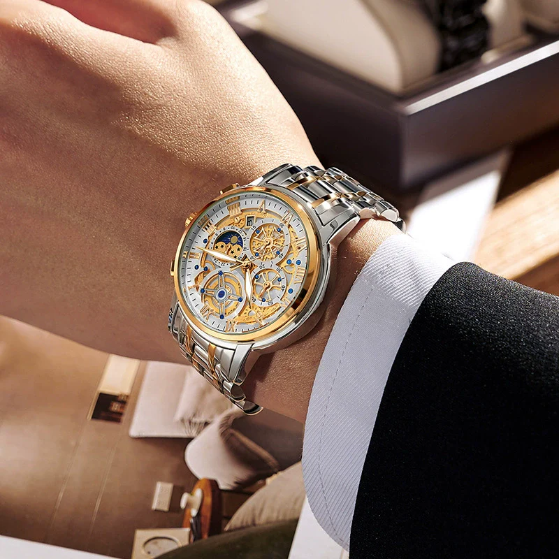 Men's Quartz Watch Multifunctional Chronograph Waterproof Hollow Concept Zinc Alloy Case Stainless Steel Strap Round Dial - Image 2