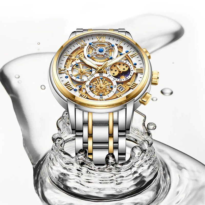 Men's Quartz Watch Multifunctional Chronograph Waterproof Hollow Concept Zinc Alloy Case Stainless Steel Strap Round Dial - Image 3