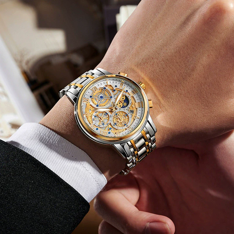 Men's Quartz Watch Multifunctional Chronograph Waterproof Hollow Concept Zinc Alloy Case Stainless Steel Strap Round Dial - Image 4