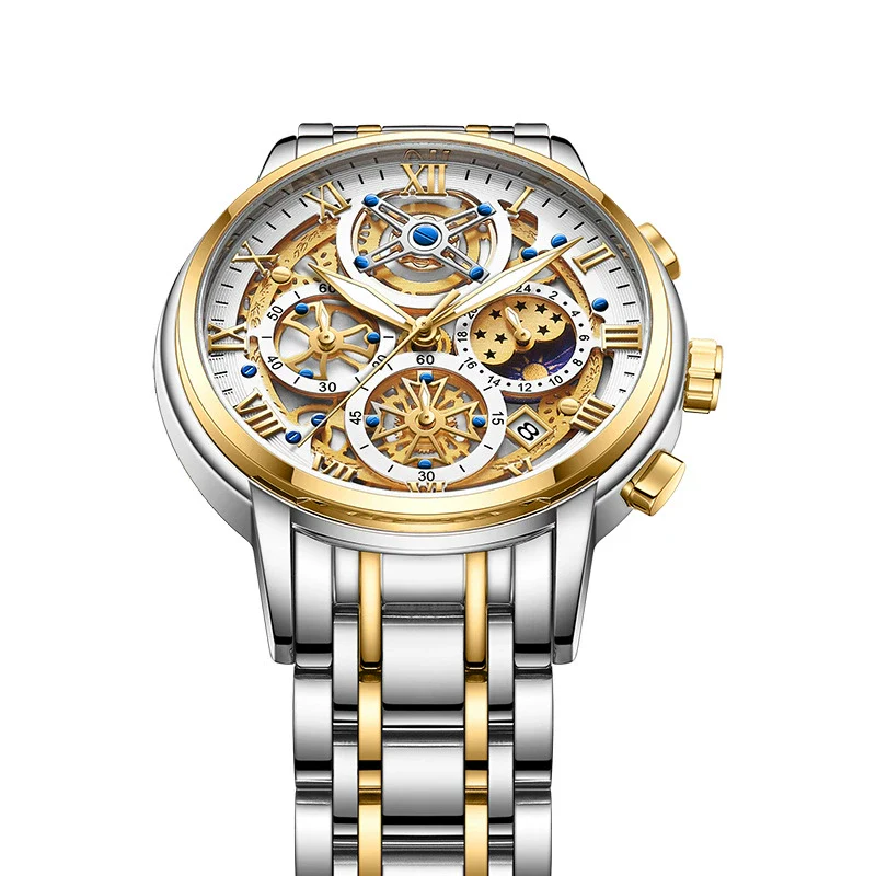Men's Quartz Watch Multifunctional Chronograph Waterproof Hollow Concept Zinc Alloy Case Stainless Steel Strap Round Dial - Image 6